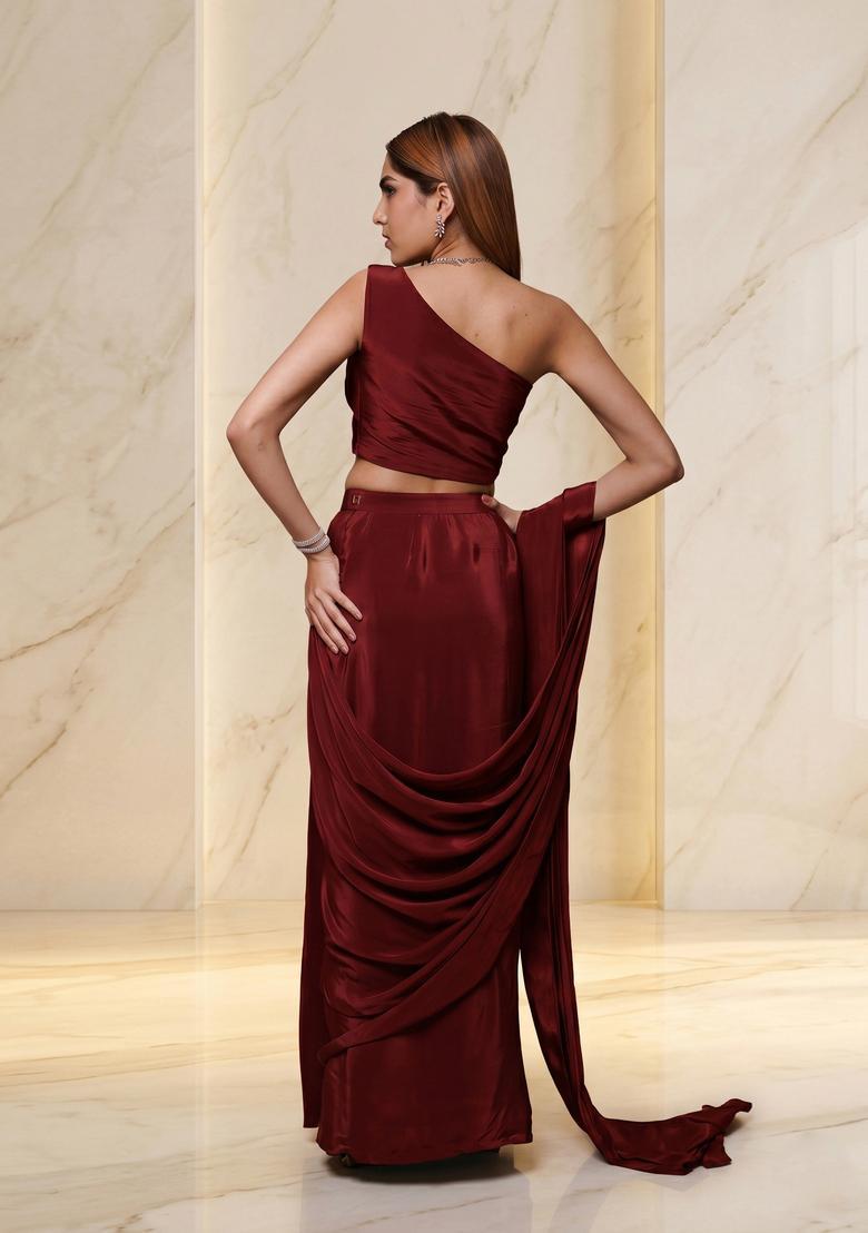Maroon Embroidered Handwork Pre Draped Saree Set - Indya