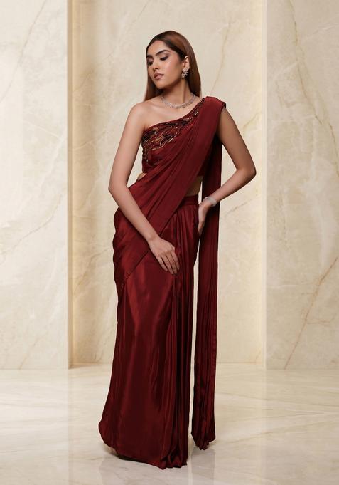 Maroon Embroidered Handwork Pre Draped Saree Set