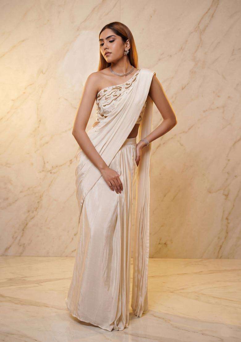 Off White Embroidered Handwork Pre Draped Saree Set - Indya