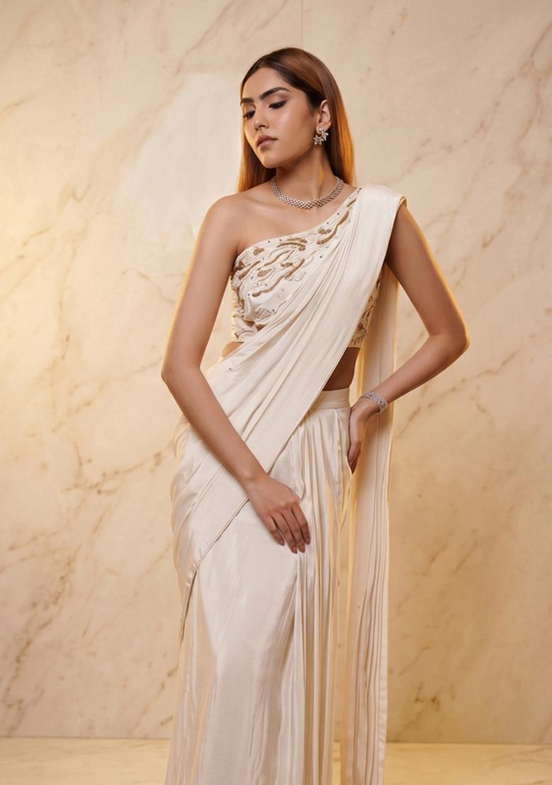 Off White Embroidered Handwork Pre Draped Saree Set - Indya
