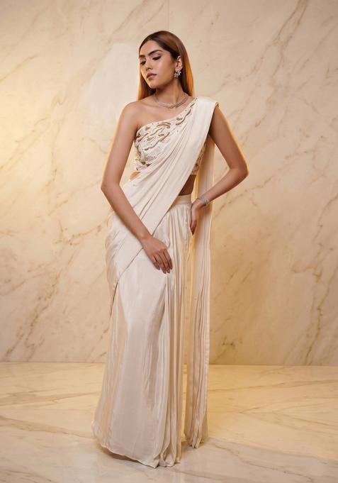 Off White Embroidered Handwork Pre Draped Saree Set
