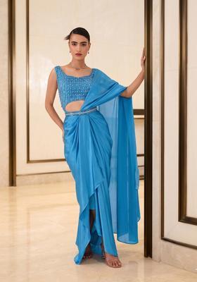 Sky Blue Embroidered Handwork Pre Draped Saree Set