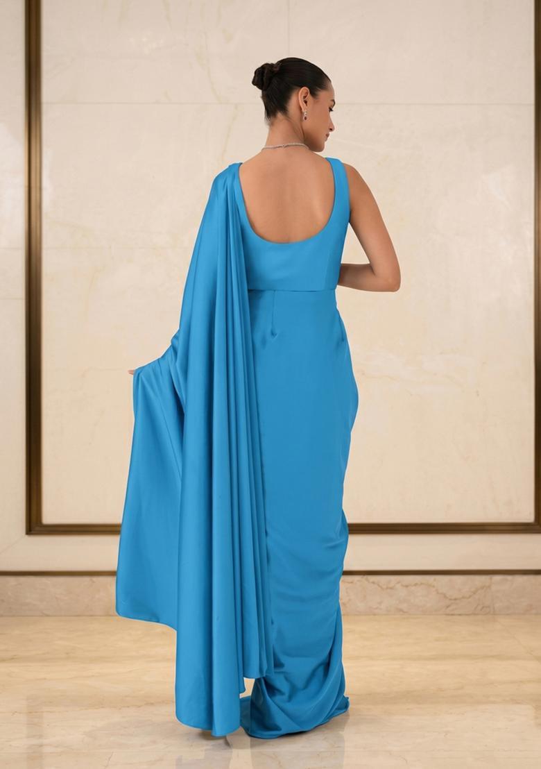 Sky Blue Embroidered Handwork Pre Draped Saree Set - Indya