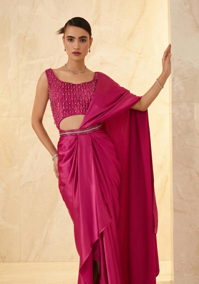 Fuchisa Pink Embroidered Handwork Saree Set - Indya