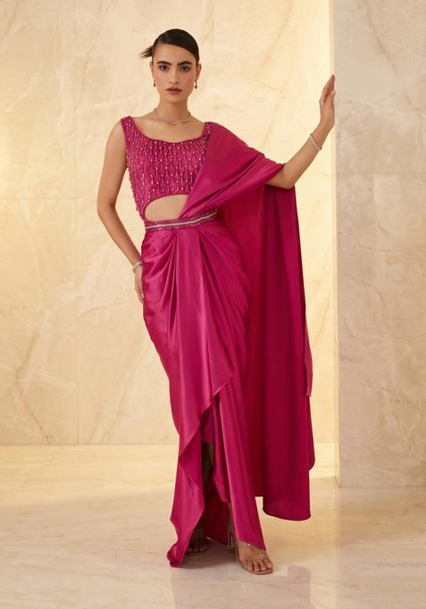 Fuchisa Pink Embroidered Handwork Saree Set