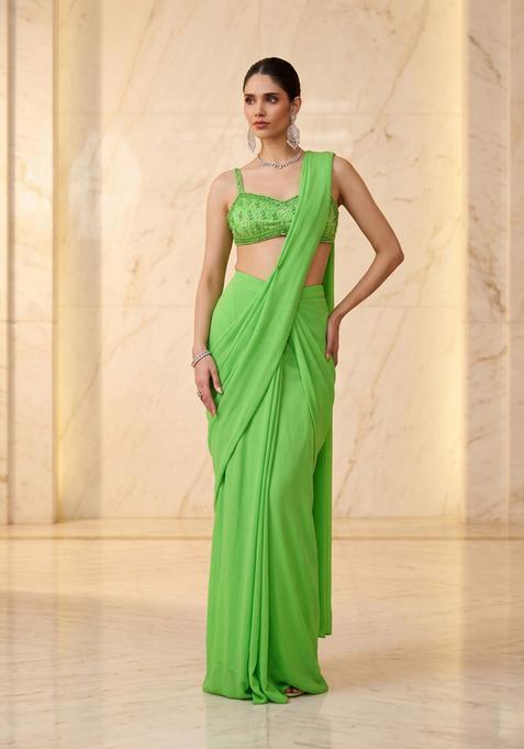 Lime Green Embroidered Handwork Pre Draped Saree Set