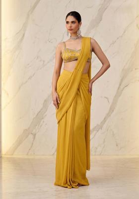 Mustard Embroidered Handwork Pre Draped Saree Set