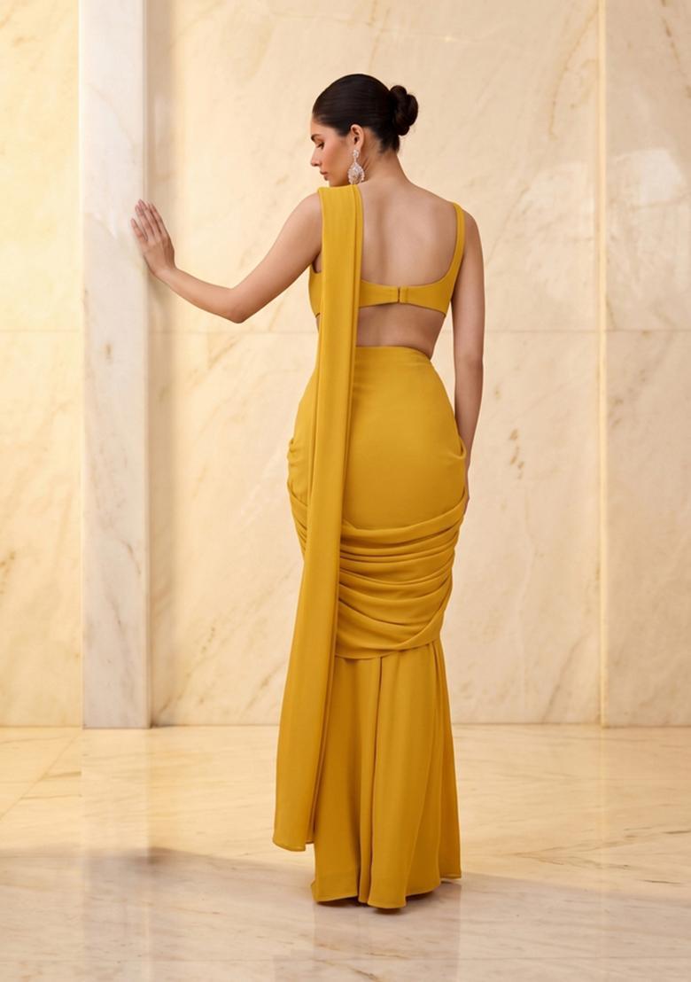 Mustard Embroidered Handwork Pre Draped Saree Set - Indya