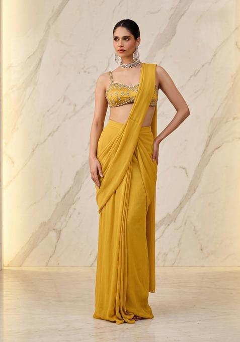 Mustard Embroidered Handwork Pre Draped Saree Set
