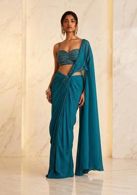 Peacock Blue Embroidered Handwork Pre Draped Saree Set