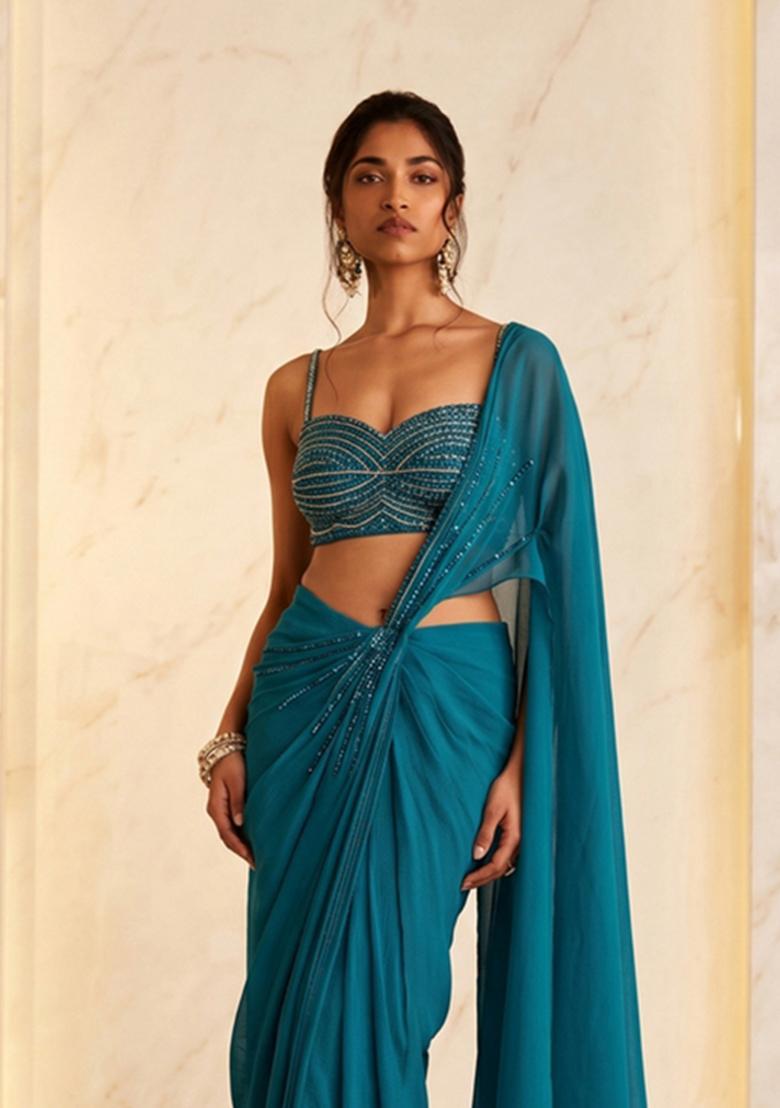 Peacock Blue Embroidered Handwork Pre Draped Saree Set - Indya
