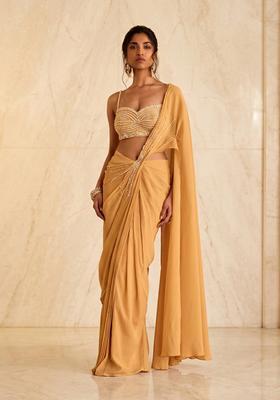 Mustard Gold Embroidered Handwork Pre Draped Saree Set