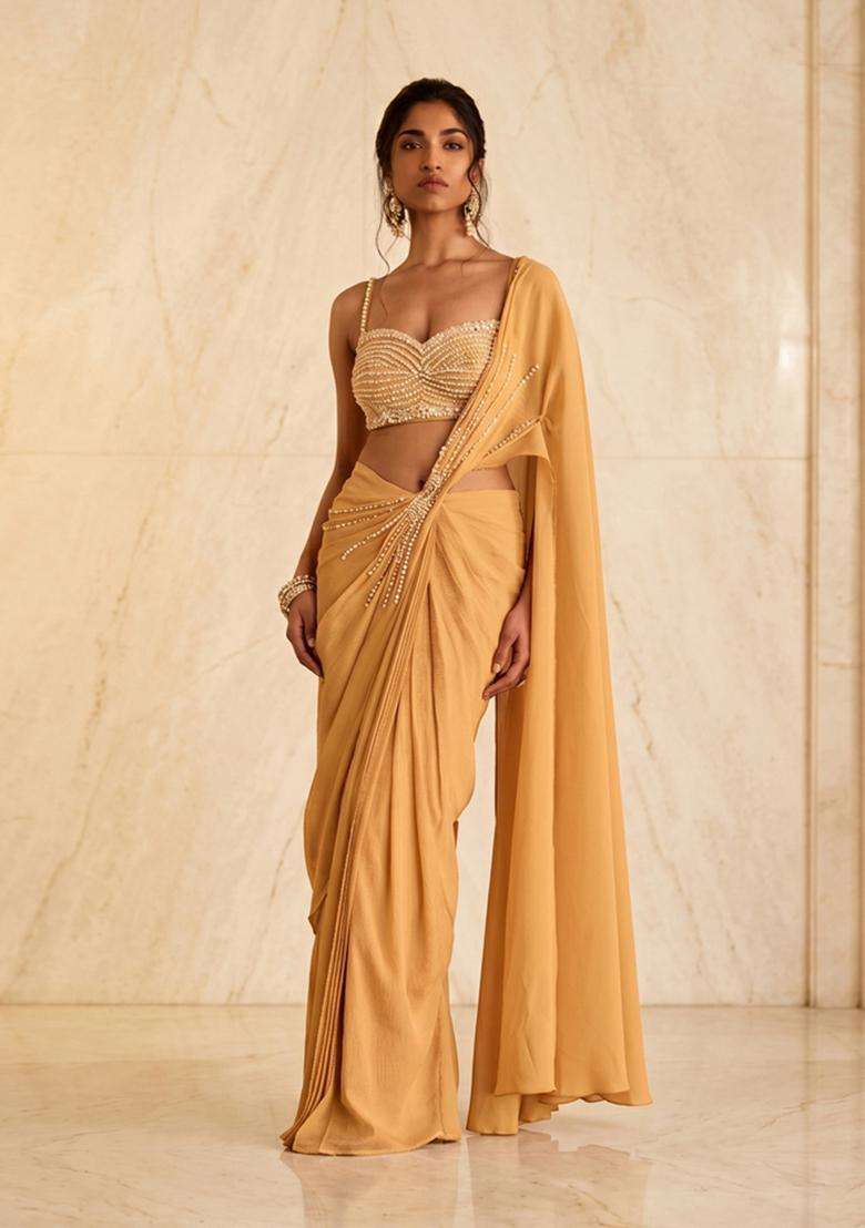 Mustard Gold Embroidered Handwork Pre Draped Saree Set - Indya