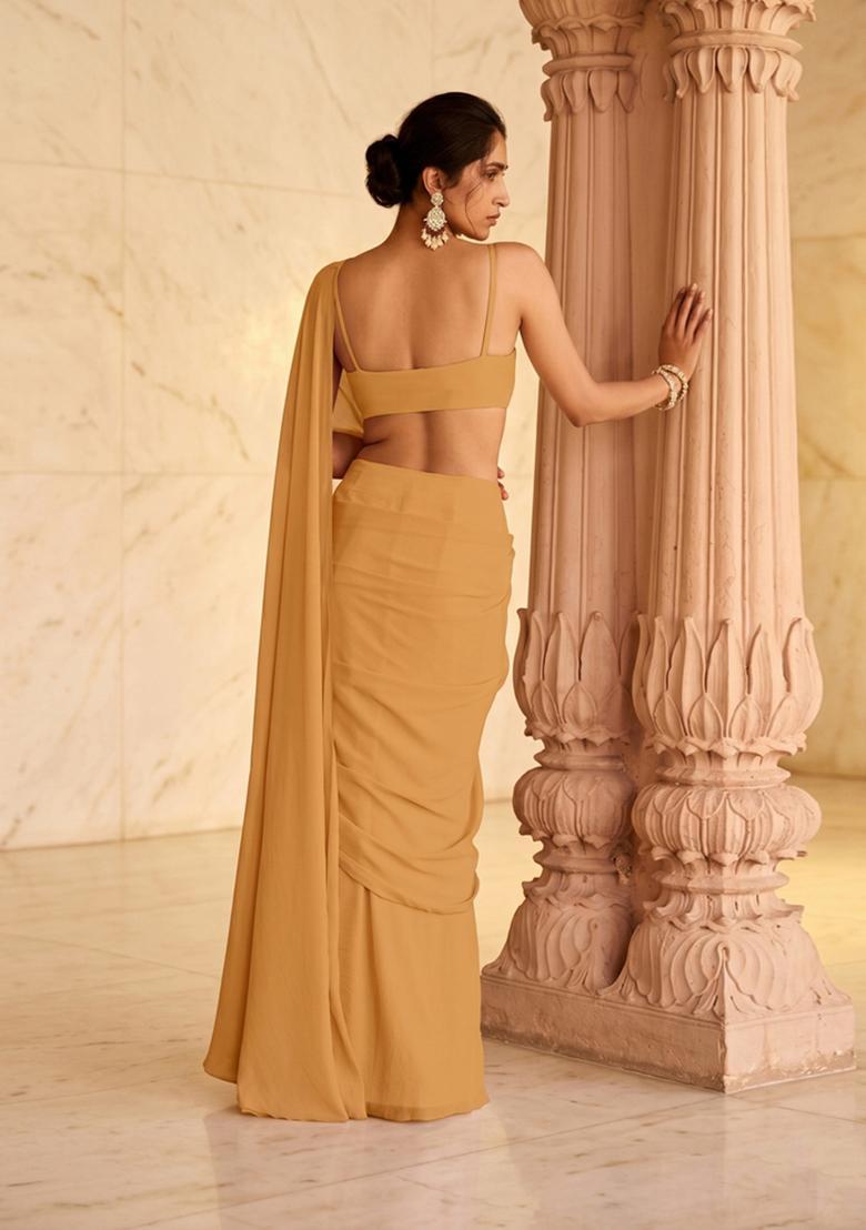 Mustard Gold Embroidered Handwork Pre Draped Saree Set - Indya