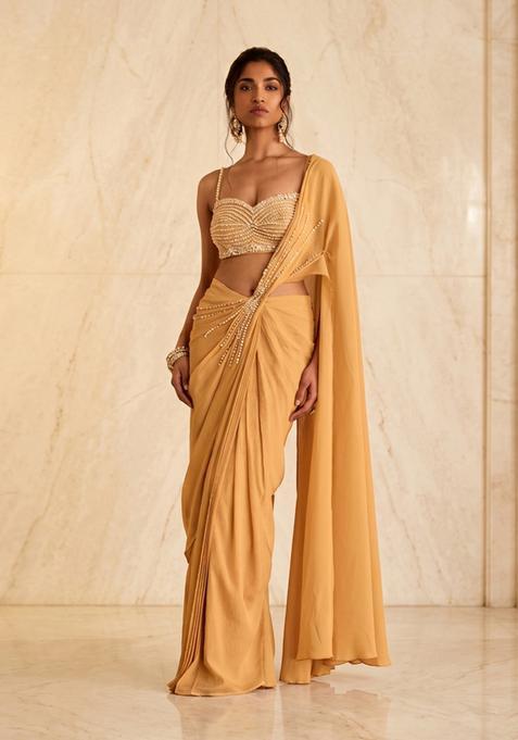 Mustard Gold Embroidered Handwork Pre Draped Saree Set