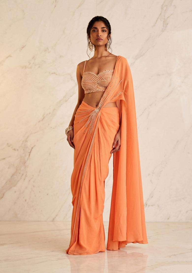 Nectarine Embroidered Handwork Pre Draped Saree Set - Indya