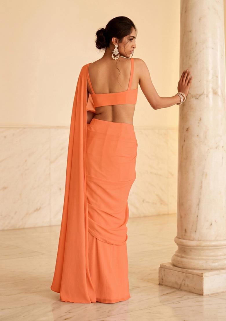 Nectarine Embroidered Handwork Pre Draped Saree Set - Indya