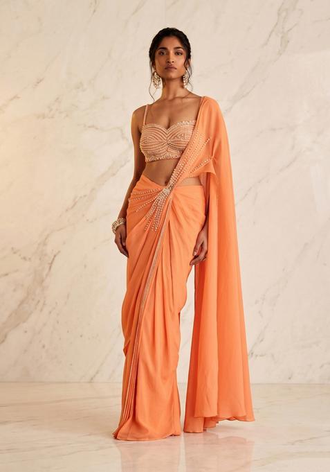 Nectarine Embroidered Handwork Pre Draped Saree Set