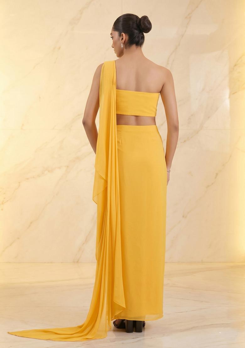 Mustard Embroidered Handwork Pre Draped Saree Set - Indya