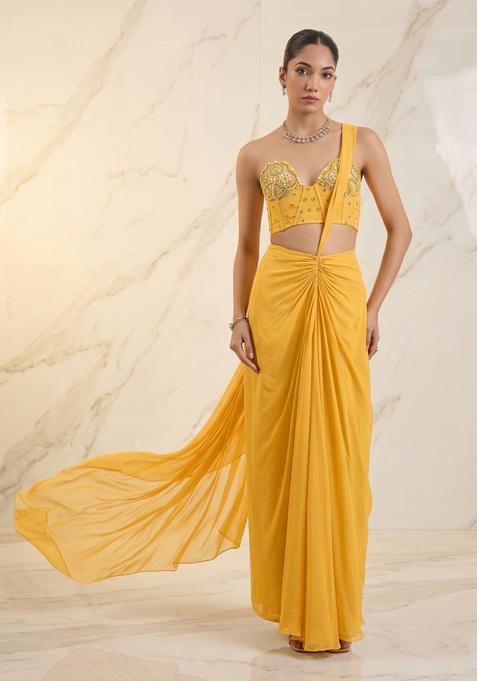 Mustard Embroidered Handwork Pre Draped Saree Set