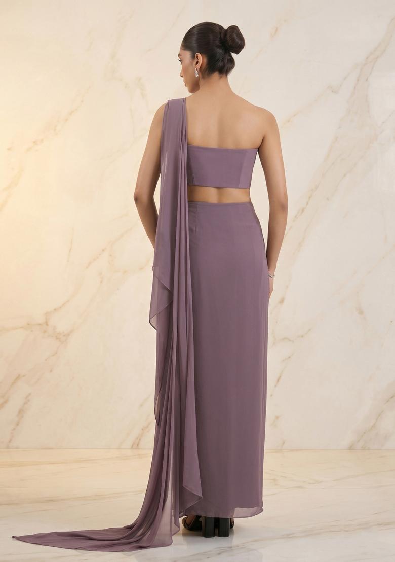 Mauve Embroidered Handwork Pre Draped Saree Set - Indya