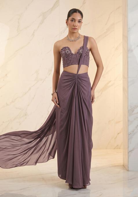 Mauve Embroidered Handwork Pre Draped Saree Set