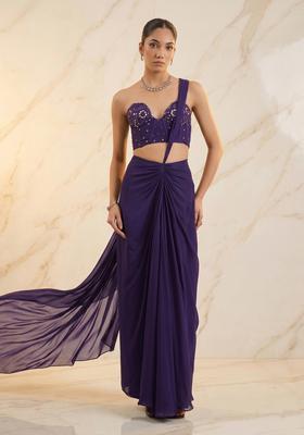Purple Embroidered Handwork Pre Draped Saree Set