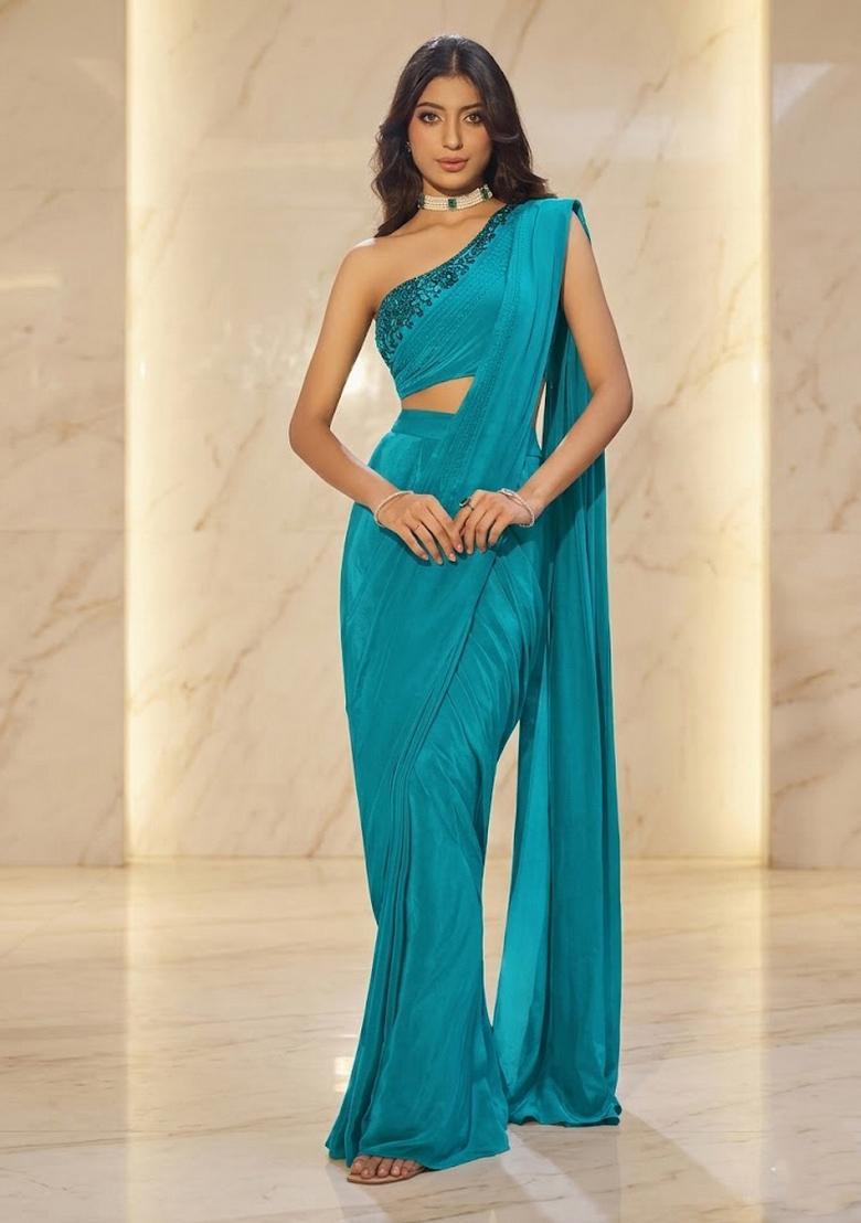 Teal Embroidered Handwork Pre Draped Saree Set - Indya