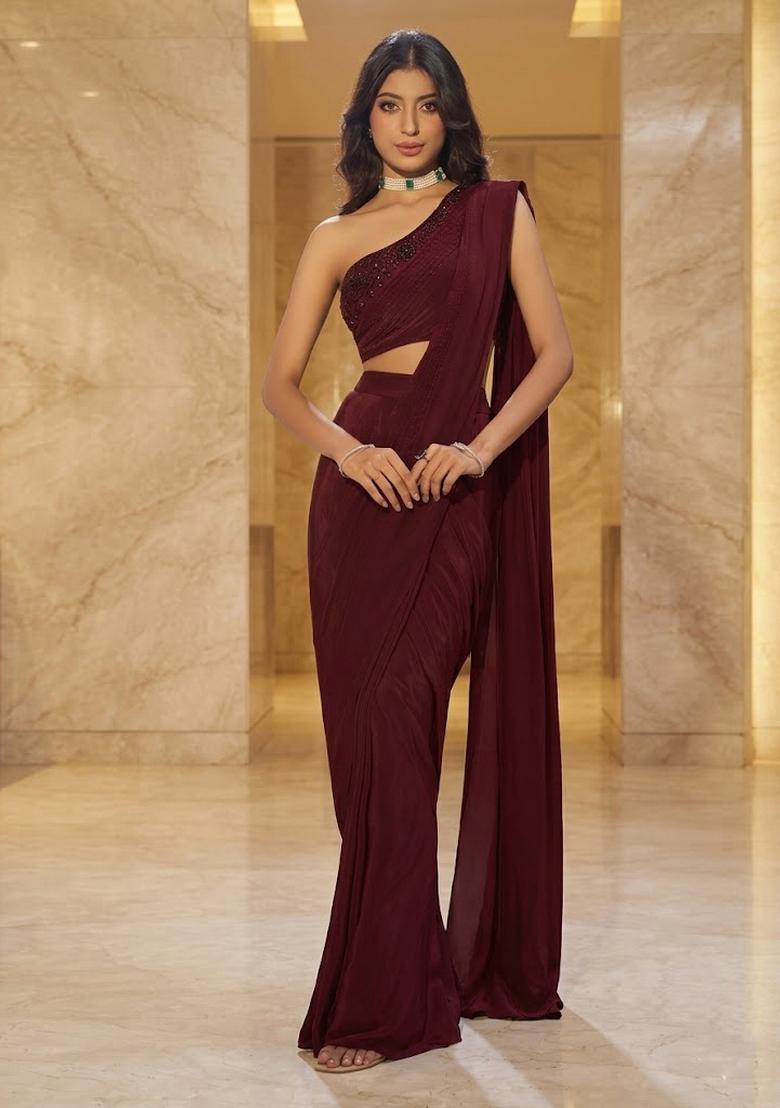 Maroon Embroidered Handwork Pre Draped Saree Set - Indya
