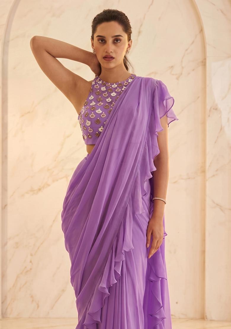 Lavender Embroidered Handwork Pre Draped Saree Set - Indya