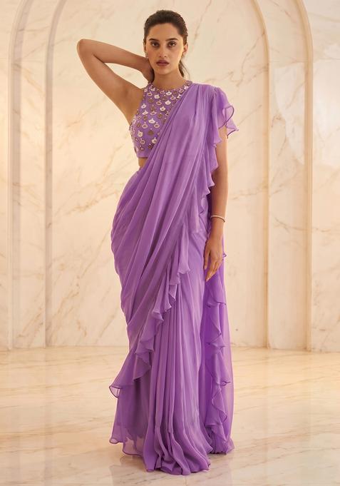 Lavender Embroidered Handwork Pre Draped Saree Set