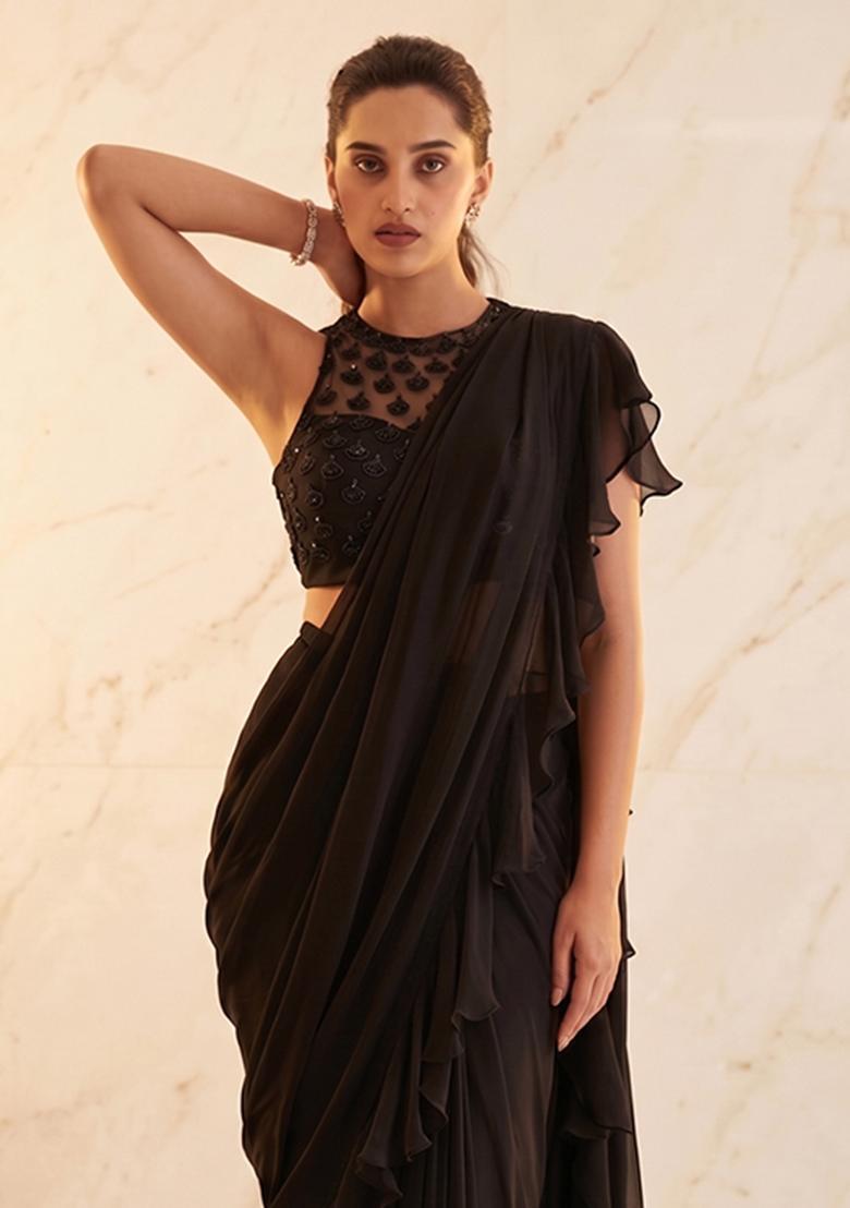 Black Embroidered Handwork Pre Draped Saree Set - Indya