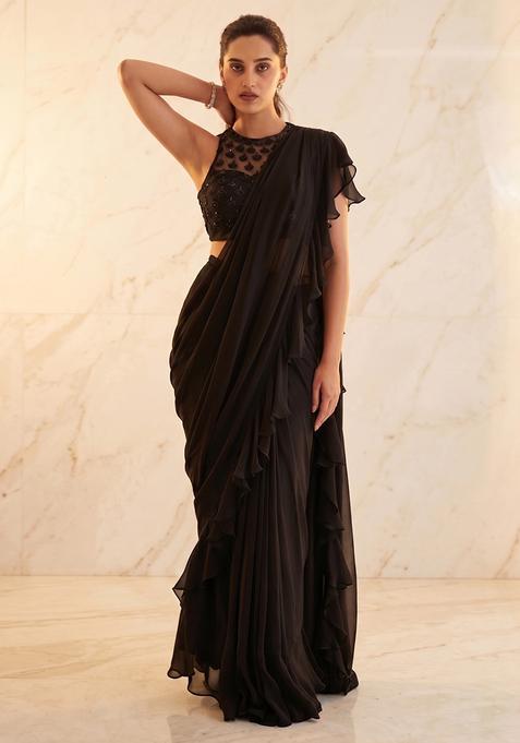 Black Embroidered Handwork Pre Draped Saree Set