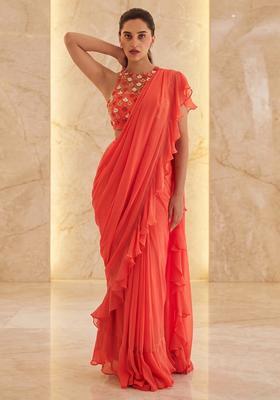 Coral Embroidered Handwork Pre Draped Saree Set