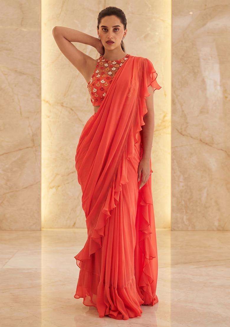 Coral Embroidered Handwork Pre Draped Saree Set - Indya