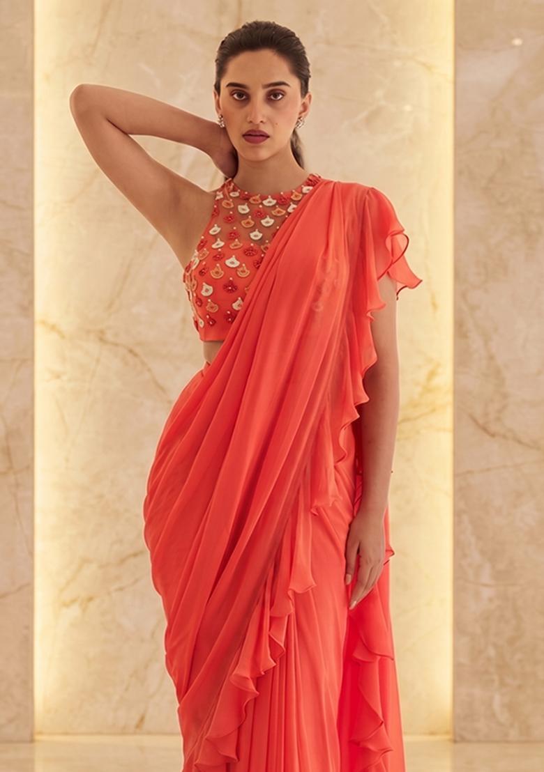 Coral Embroidered Handwork Pre Draped Saree Set - Indya