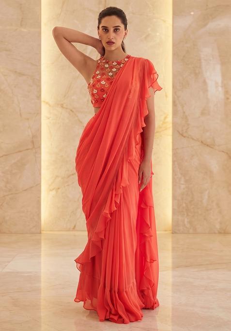 Coral Embroidered Handwork Pre Draped Saree Set
