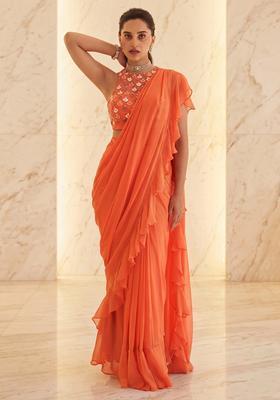 Orange Embroidered Handwork Pre Draped Saree Set