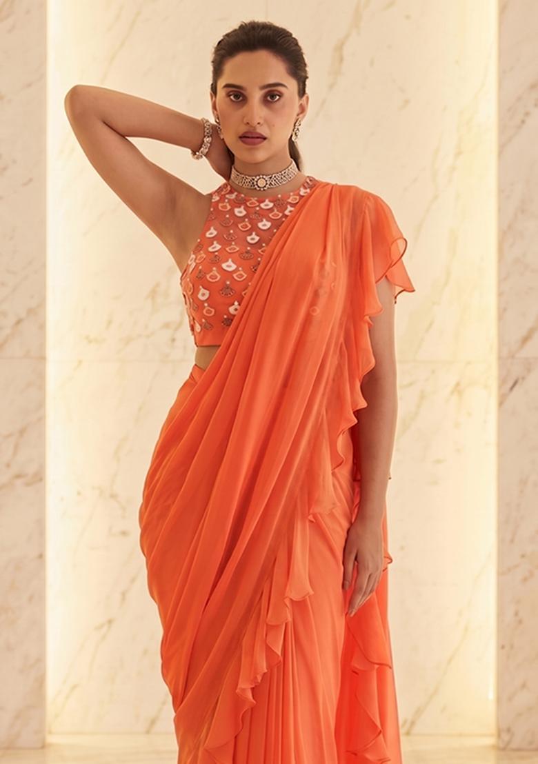 Orange Embroidered Handwork Pre Draped Saree Set - Indya