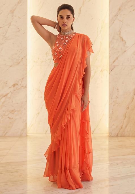 Orange Embroidered Handwork Pre Draped Saree Set