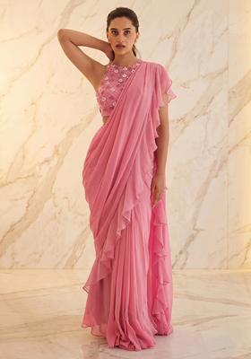 Pink Embroidered Handwork Pre Draped Saree Set