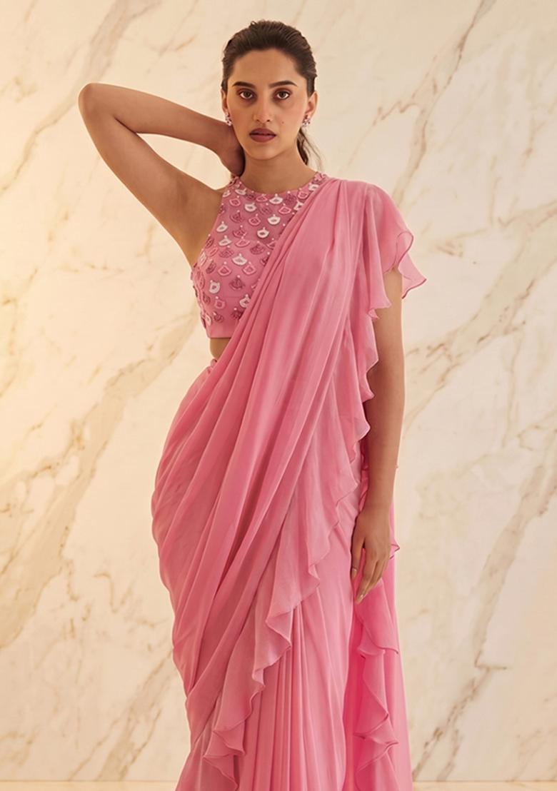 Pink Embroidered Handwork Pre Draped Saree Set - Indya