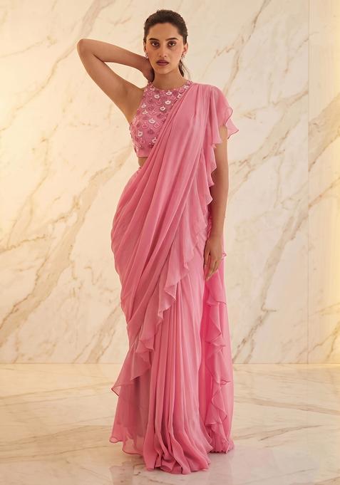 Pink Embroidered Handwork Pre Draped Saree Set