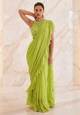 Lime Green Embroidered Handwork Pre Draped Saree Set