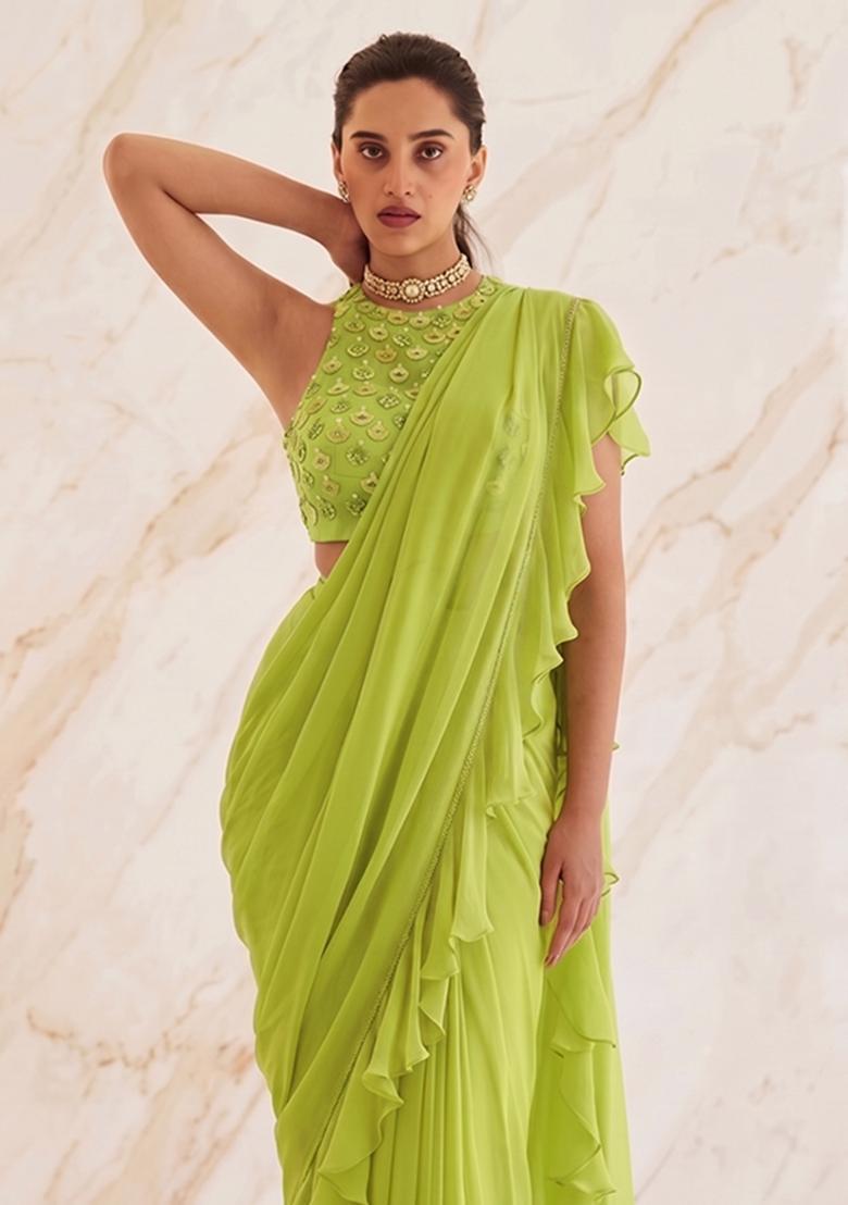 Lime Green Embroidered Handwork Pre Draped Saree Set - Indya
