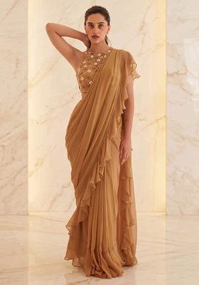 Brown Embroidered Handwork Pre Draped Saree Set