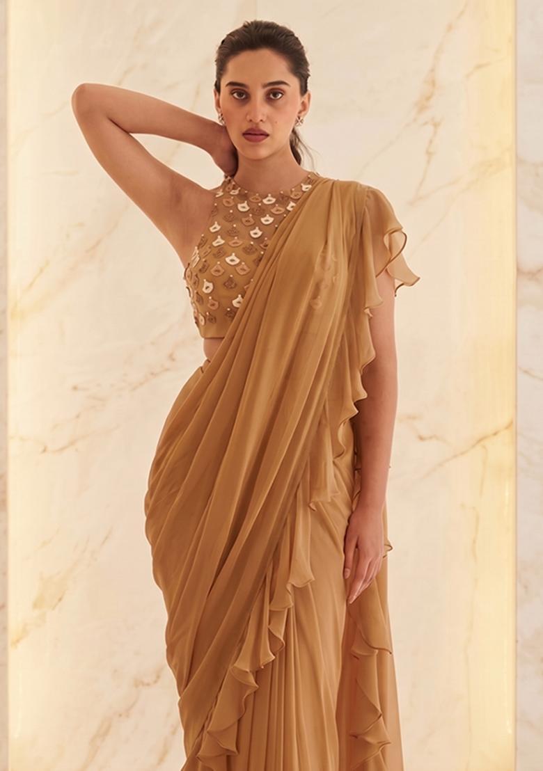 Brown Embroidered Handwork Pre Draped Saree Set - Indya