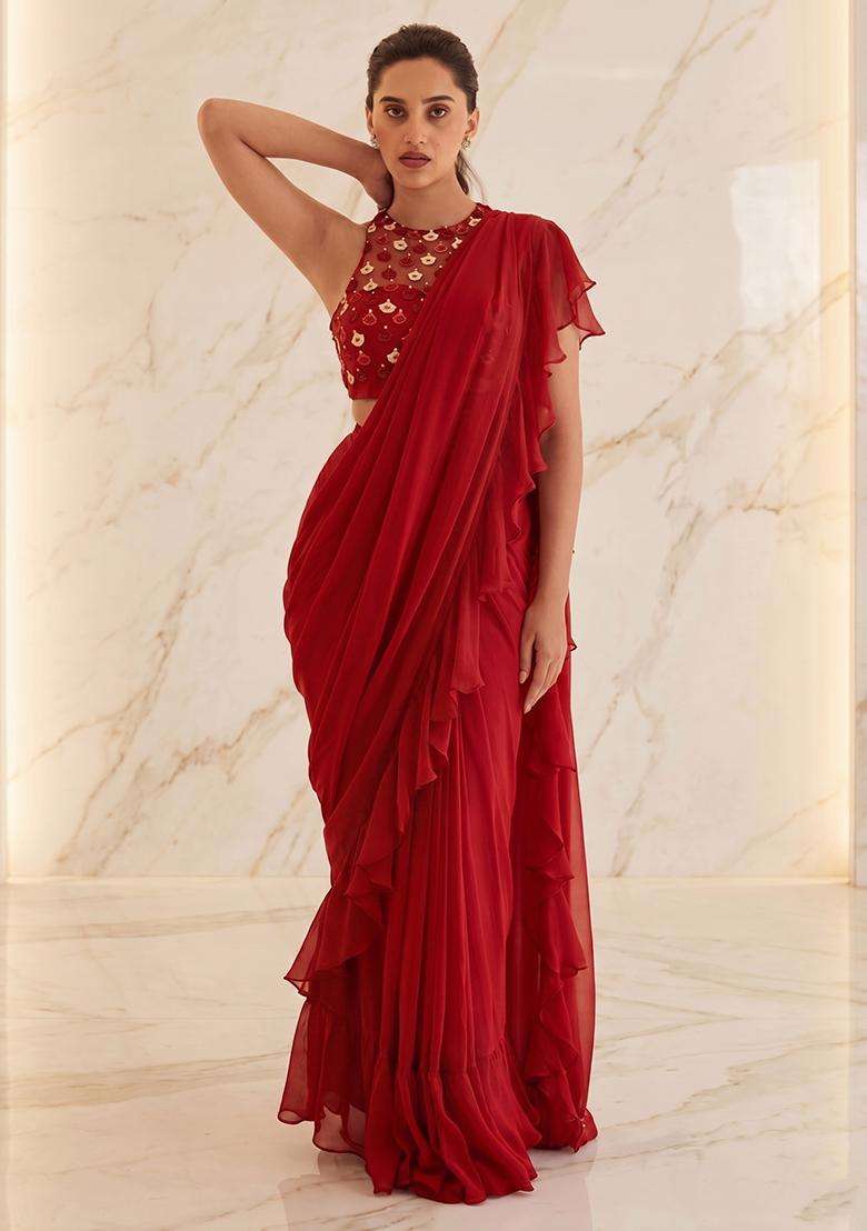 Red Embroidered Handwork Pre Draped Saree Set - Indya