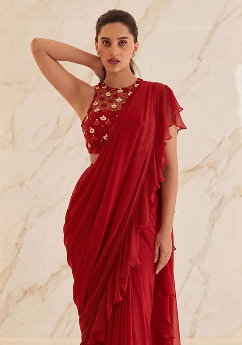Red Embroidered Handwork Pre Draped Saree Set - Indya