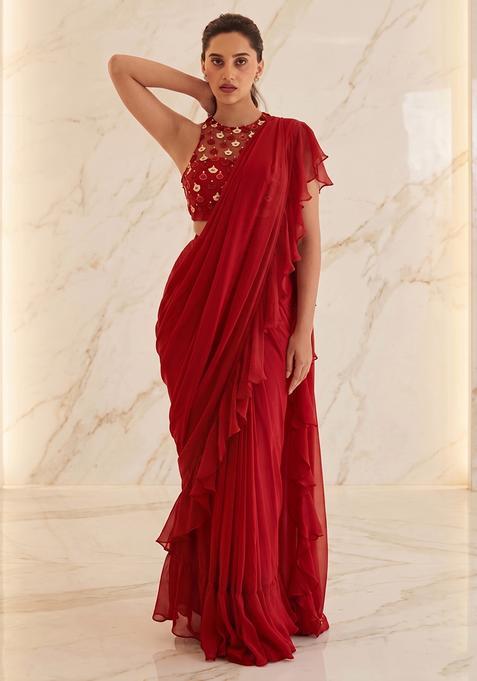 Red Embroidered Handwork Pre Draped Saree Set